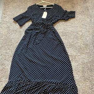 Navy blue maxi polka dot dress, size medium brand new